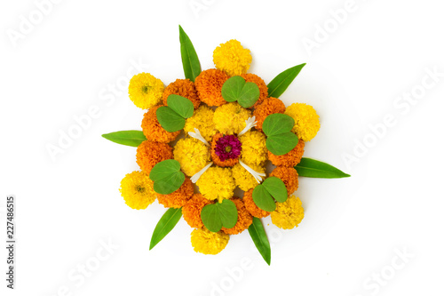 Dashera Festival apta leaf with marigold flower rangoli