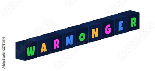 Warmonger - multi-colored text written on isolated 3d boxes on white background