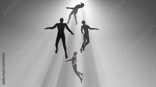 People floating, rising into light beams , heavens, space. Astral plane.Silhouette, shadow figure. 3d rendering