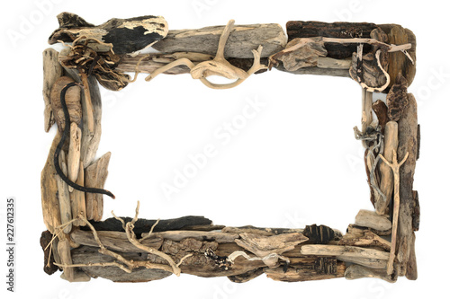 Rustic driftwood frame forming a background border on white with copy space.