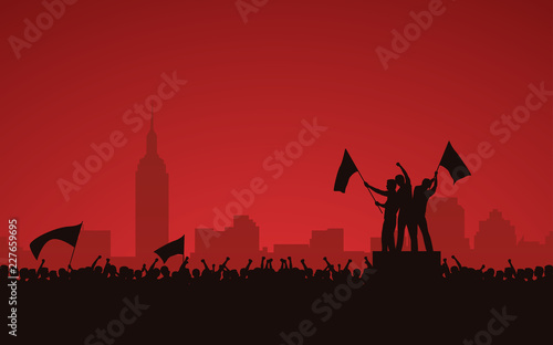 Silhouette group of people raised fist and flags protest in city with red color sky background