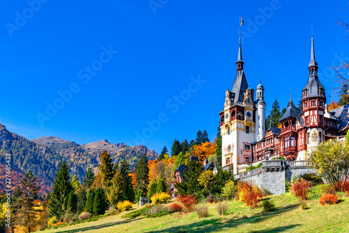Peles Castle, Sinaia, Prahova County, Romania: Famous Neo-Renaissance castle in autumn colours, at the base of the Carpathian Mountains, Europe