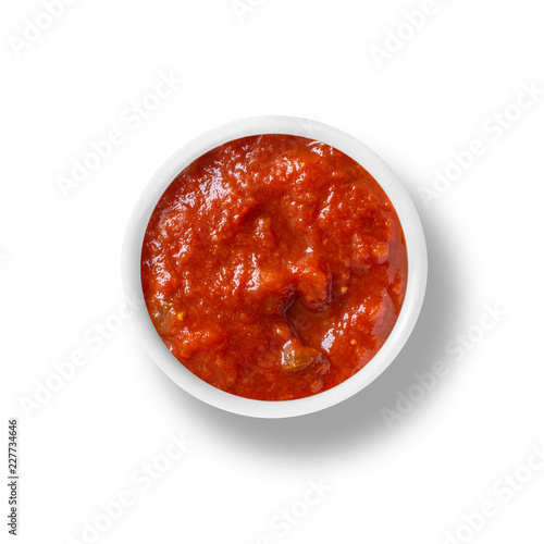 cup of Tomato sauce isolated on white, view from above