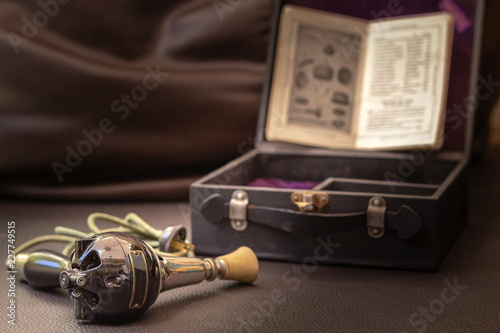 Close up shot of a antique 1915 medicinal electrical vibrator body massager, vintage concept.