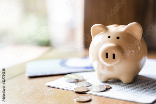 Piggy bank with coins and saving book bank