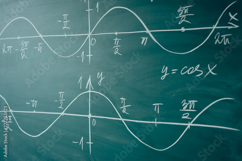 Math lesson. Sine and cosine functions. Graphics graphics drawn on the Board