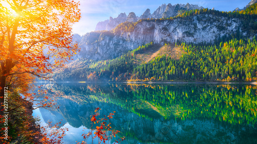 autumn scenery with Dachstein mountain summit reflecting in crystal clear Gosausee mountain lake