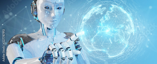 White robot woman using digital sphere connection hologram 3D rendering