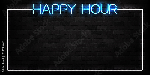 Vector realistic isolated neon sign of Happy Hour frame logo for decoration and covering on the wall background. Concept of night club, free drinks, bar counter and restaurant.