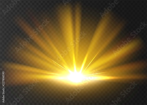 Abstract golden bright light. Gold shine burst isolated on transparent background. Bright and shine golden light star. Vector illustration.