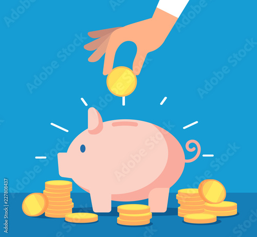 Piggy bank. Money box with falling gold coins. Deposit banking account and cash vector business concept. Illustration of savings dollar, piggybank and moneybox investing