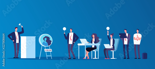 Auction concept. People people bidding in public auction house. Bidder, buyer and auctioneer vector characters. Auction and auctioneer, market trade illustration