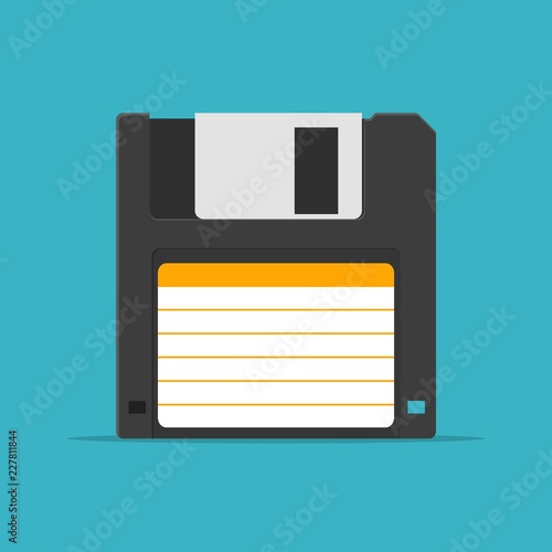Black Floppy Disk icon in flat style isolated on blue background. HD diskette old data media.