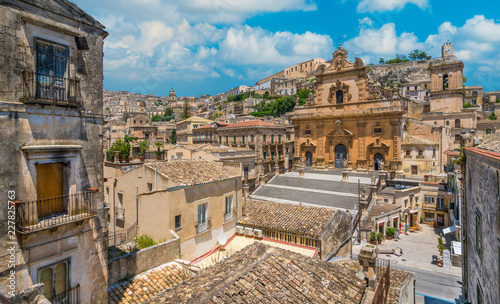 Scenic sight in Modica with the Cathedral of San Pietro and the Duomo of San Giorgio in the background. Sicily, southern Italy.