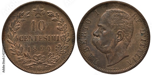 Italy Italian coin 10 ten centesimi 1894, value and date flanked by olive and oak branches, radiant star above, head of King Umberto I left, 