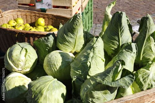 Grüner Spitzkohl und Weißkohl Kohl in einem großen Weidenkorb