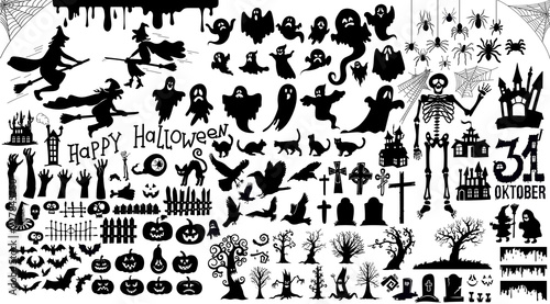 Set of halloween silhouettes black icon and character. Vector illustration. Isolated on white background.