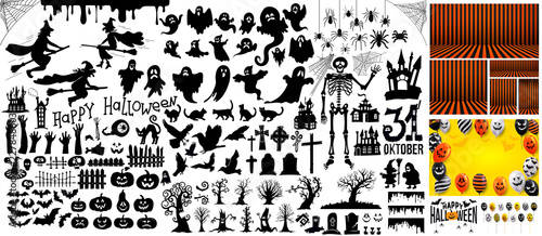 Big Set of halloween silhouettes black icon and character. Vector illustration. Isolated on white background.
