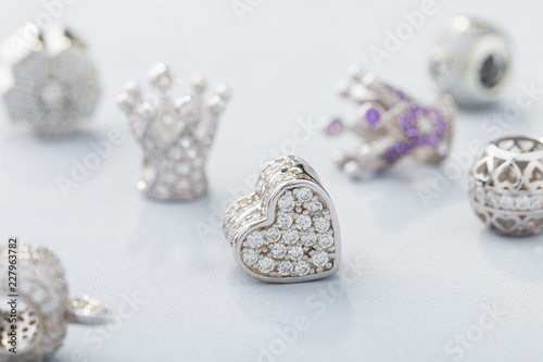 Heart shaped charm bead with diamonds for chain bracelet