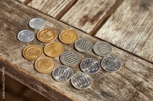 Japanese coins on a table