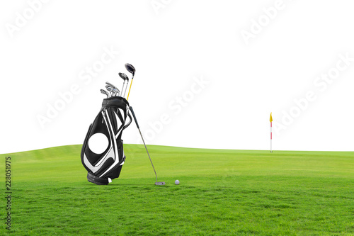 Golf equipment and golf bag , putter, ball on green at golf course isolated on white background