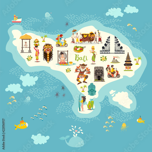 .Bali map vector illustration. Illustrated map of Bali for children/kid. Cartoon abstract atlas of Bali with landmark and touristic symbol: temple, meditation, traditional dance, surfing and volcanic.