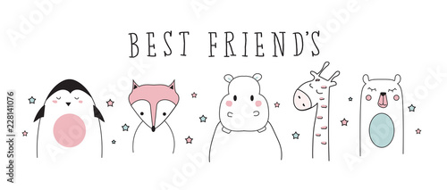 penguin, fox, giraffe, bear, hippopotamus doodle best friends vector illustration