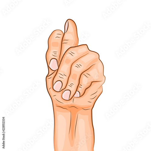 Figa mudra - gesture in yoga fingers. Symbol in Buddhism or Hinduism. Yoga technique for meditation. Realistic colored hand in gesture. Promote physical and mental health. Vector illustration.
