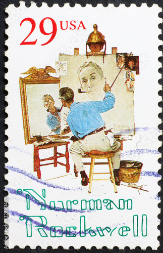 Norman Rockwell selfportrait on american postage stamp