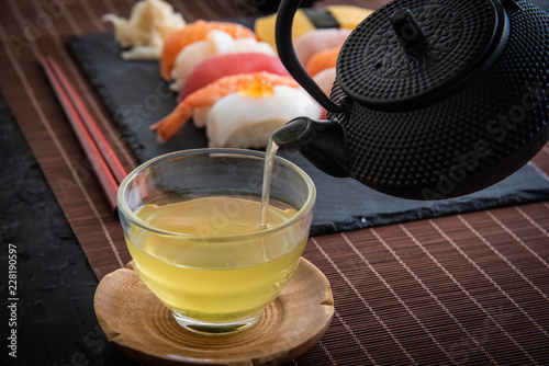 green tea with sushi