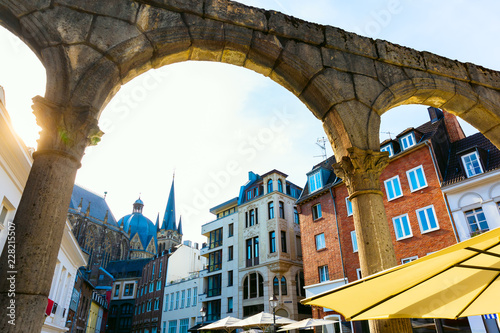 view through the rests of the Roman Portikus in the old town of Aachen, Germany