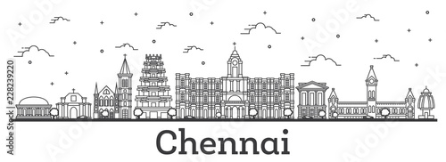 Outline Chennai India City Skyline with Historic Buildings Isolated on White.