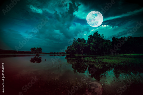 Beautiful full moon and cloudy on green sky above silhouettes of trees, lake area.