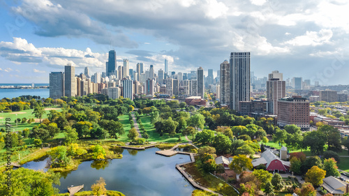 Chicago skyline aerial drone view from above, lake Michigan and city of Chicago downtown skyscrapers cityscape from Lincoln park, Illinois, USA 