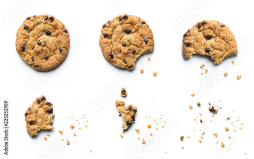 Steps of chocolate chip cookie being devoured. Isolated on white background.