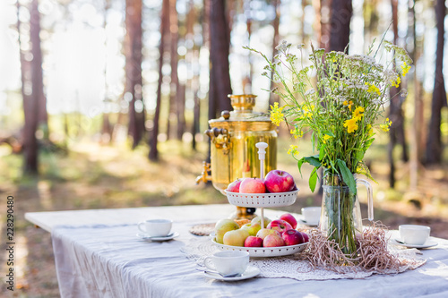 Table sitting with samovar, apples and flowers outdoors in the woods