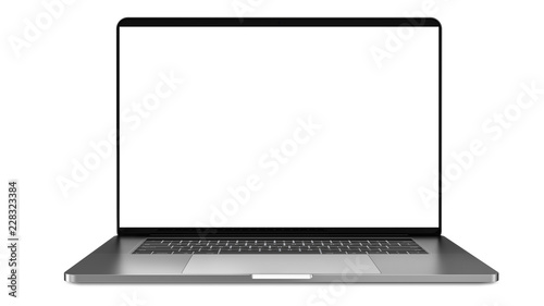 Laptop a rectangular screen for inserting images, isolated on white background, dark aluminium body. Whole in focus. High detailed. Template, mockup.
