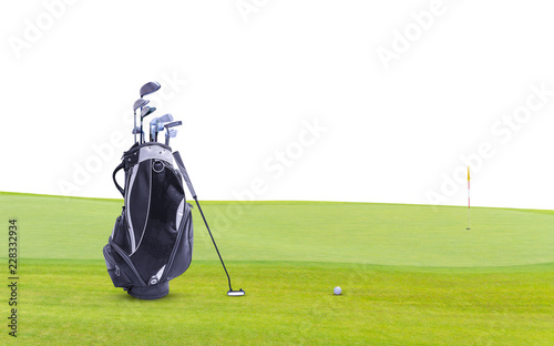 Golf equipment and golf bag , putter, ball on green isolated on white background