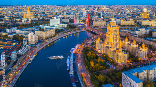 Aerial view of Moscow City with Moscow River, Russia, Moscow skyline with the historical architecture skyscraper and Moskva River and Arbat street bridge, Moscow, Russia.