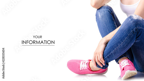 Woman denim sneakers pattern on white background isolation