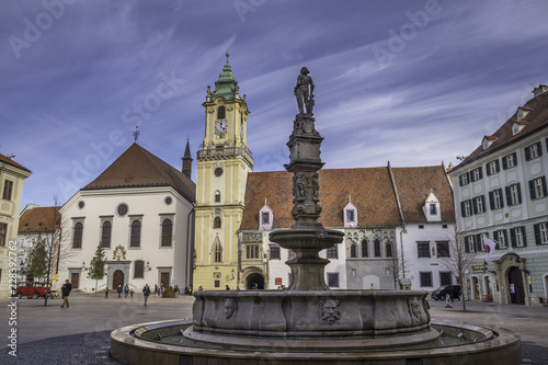 Roland Fountain and buildings on Main Square (Hlavne Namestie) in historic city center of Bratislava, Slovakia