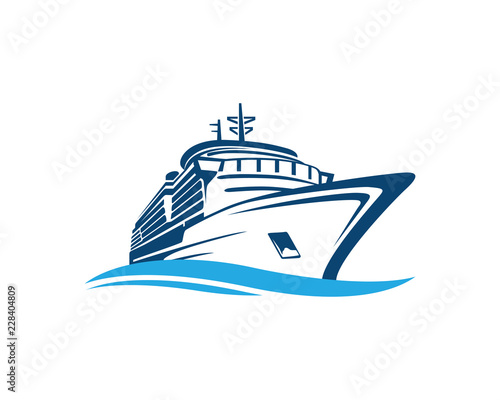 Vector Blue Traveling with Cruise Ship and Wave in the Ocean Sea Sign Symbol Icon Logo Template Design Inspiration