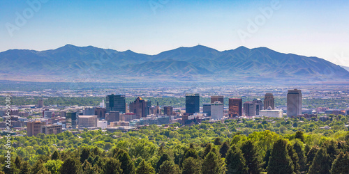 Skyscrapers towering above trees in Salt Lake City