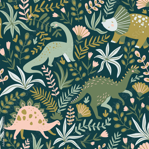 Hand drawn seamless pattern with dinosaurs and tropical leaves and flowers. Perfect for kids fabric, textile, nursery wallpaper. Cute dino design. Vector illustration.