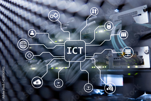 ICT - information and communications technology concept on server room background.