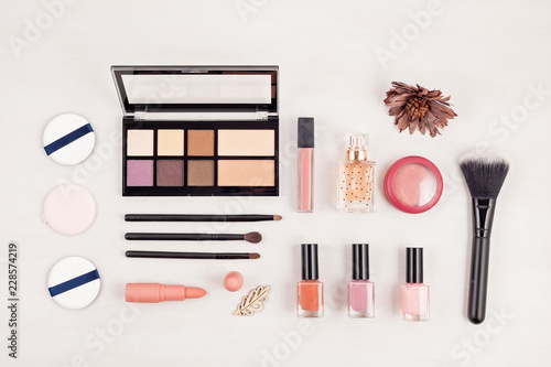 Mockup of makeup cosmetic products, flat lay, top view. Woman beauty fashion image for sales, shopping, fashion, beauty blogs