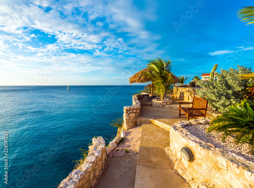 View of the seascape in Playa Lagun, Curacao, Netherlands. Copy space for text.