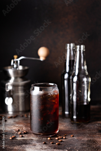 Cold brew iced coffee in glass bottles