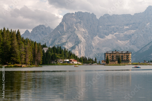 The calm waters of Lake Misurina in the Italian Dolomites, just before sunset.