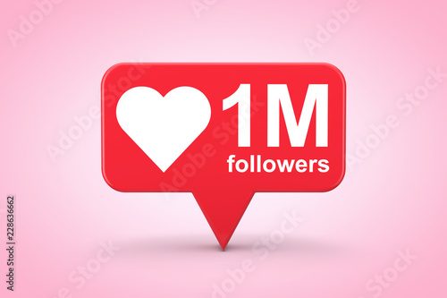 Social Media Network Love and Like Heart Icon with One Million Followers Sign. 3d Rendering